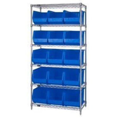 GLOBAL EQUIPMENT Chrome Wire Shelving With 15 Giant Plastic Stacking Bins Blue, 36x18x74 268931BL